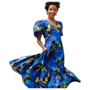 Christopher John Rogers x Target Tiered Puff Sleeve Maxi Dress Blue Floral Boho